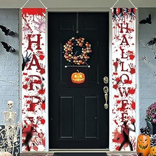 Baner na Halloween, 2 sztuki banerów na drzwi Halloween, baner Happy Halloween Party, baner straszny odciski dłoni na drzwi wejściowe, flaga tła, wisząca weranda, znak na Halloween, imprezę, dekoracja