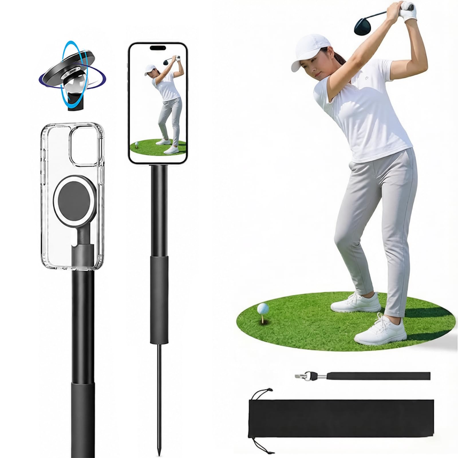 Trípode para teléfono de golf, palo magnético para selfie de 18-54 pulgadas con pincho | Soporte para teléfono móvil de golf, monopié de golf con pincho, soporte ajustable para teléfono de golf