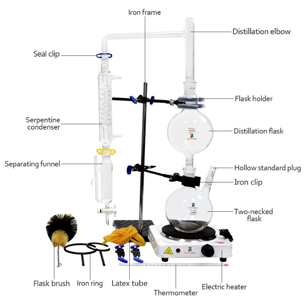 1000ml Dispositivo per distillazione di oli essenziali Kit per vetreria da laboratorio Kit per purificatore per distillatore di acqua a vapore con imbuto separatore per fornelli caldi (1000ml)