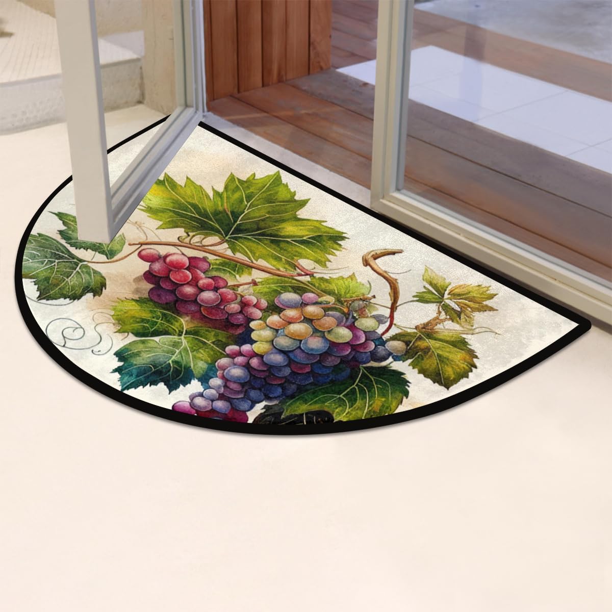 Hand Painting Fruit Grape Half Round Doormat Washable Semi Circle Area Rug Non Slip Absorbent Half Moon Rugs for Indoor Outdoor Kitchen Bathroom Bedroom Living Room Fireplace Floor Carpet Decor