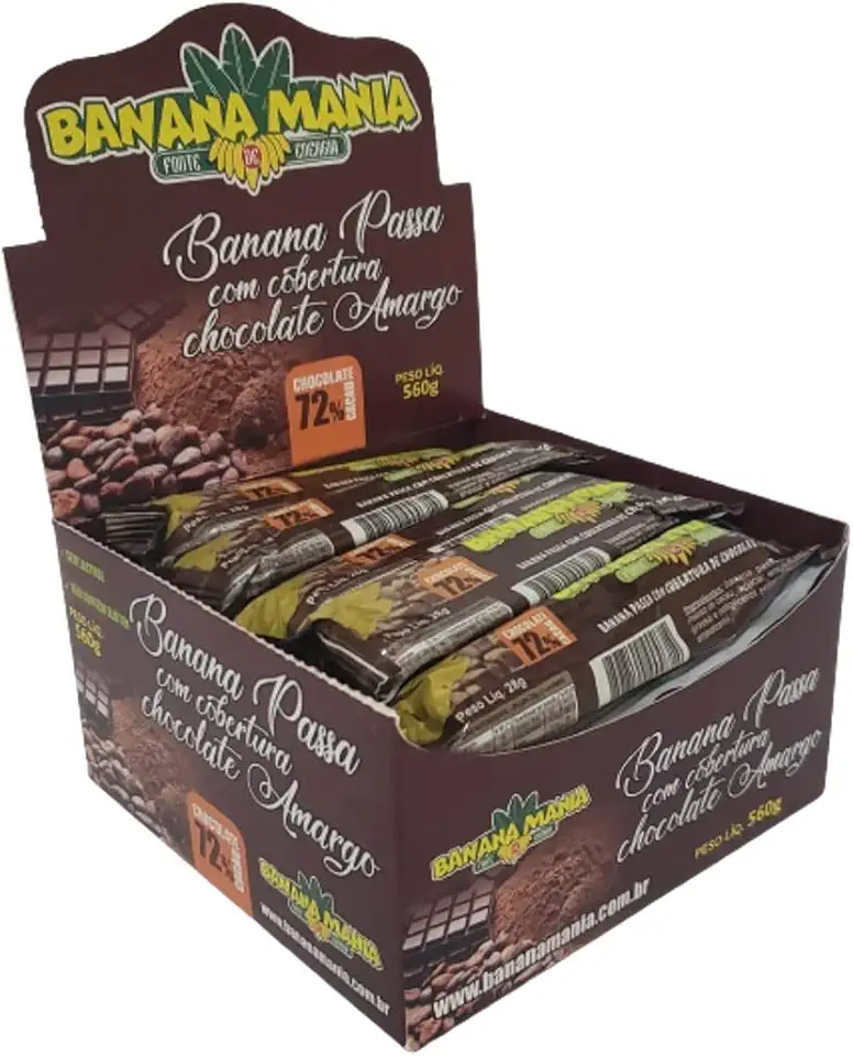 Bananinha Com Cobertura de Chocolate Amargo 72% Cacau Sem Lactose Sem Glúten 20 Unidades de 28g - Banana Mania