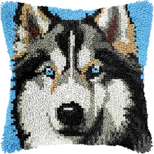 Image of Husky Dog Latch Hook Kits Pillow Color Printed Canvas Cushion Crochet Yarn Needlework Hook Latch Kit DIY Embroidery Pillowcase Rug Cover Home Sofa Christmas Decoration 43x43cm(1)