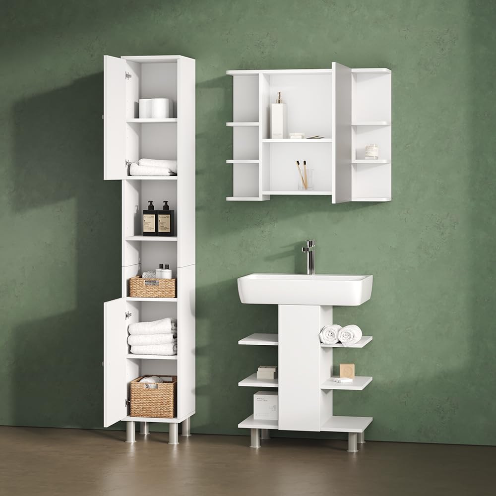 Livinity Mobiletto per lavabo Fucino, Bianco, 60 x 70 cm con 6 ripiani