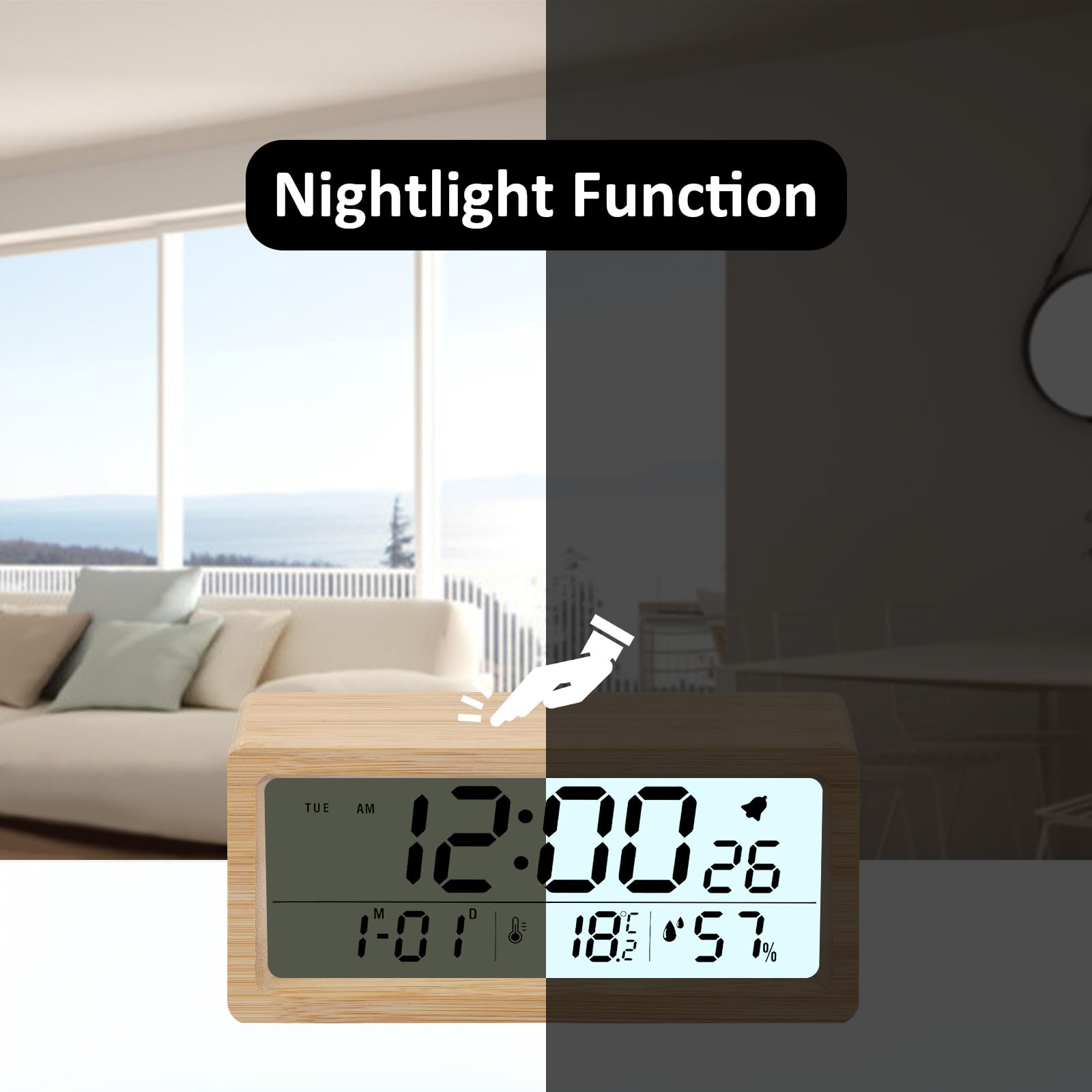 Digitaler Wecker aus Holz mit 15,2 cm großem Display, Schlummerfunktion, Kalender, Hintergrundbeleuchtung, Temperatur und Luftfeuchtigkeit, batteriebetriebene Schreibtischuhr für Schlafzimmer
