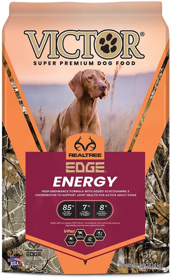 Victor Super Premium Dog Food  Realtree Edge Energy Dry Dog Food for Highly Active Dogs  Gluten Free Dog Food with Glucosamine and Chondroitin for Hip and Joint Health, 40 Lb