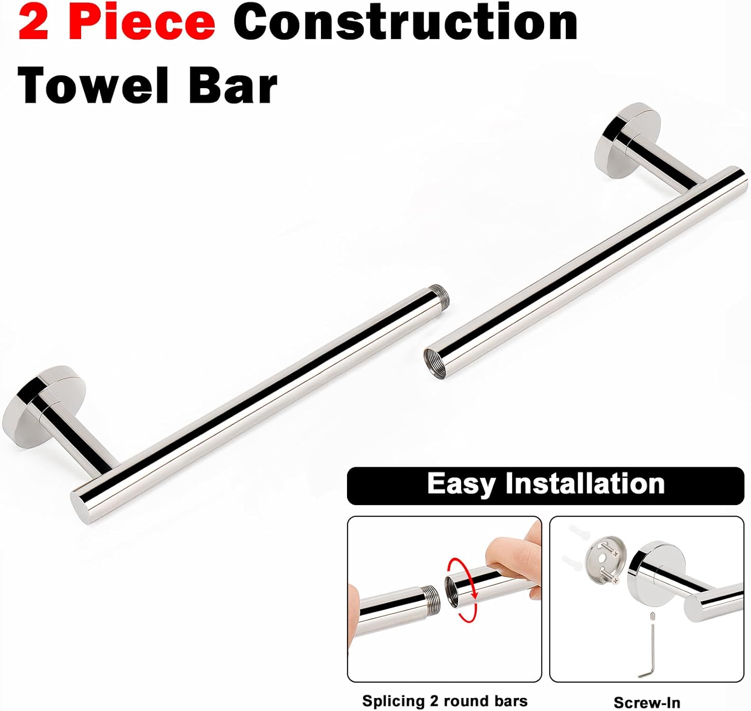 NearMoon Bath Towel Bar, Thicken Stainless Steel Shower Towel Rack Holder Wall Mounted for Bathroom, 26-lnch Overall Length-24-lnch Usable Hanging Space (1 Pack, Chrome Finish)