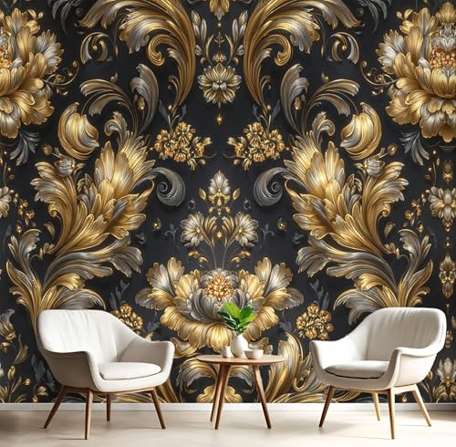 Papel Tapiz Fotográfico 3D Lujo Floral 352×250cm, Papel Pintado Panorámico Retro Barroco Floral, Murales Decoración XXL Pared Moderna para Cuarto de Niño, Salón, Oficina