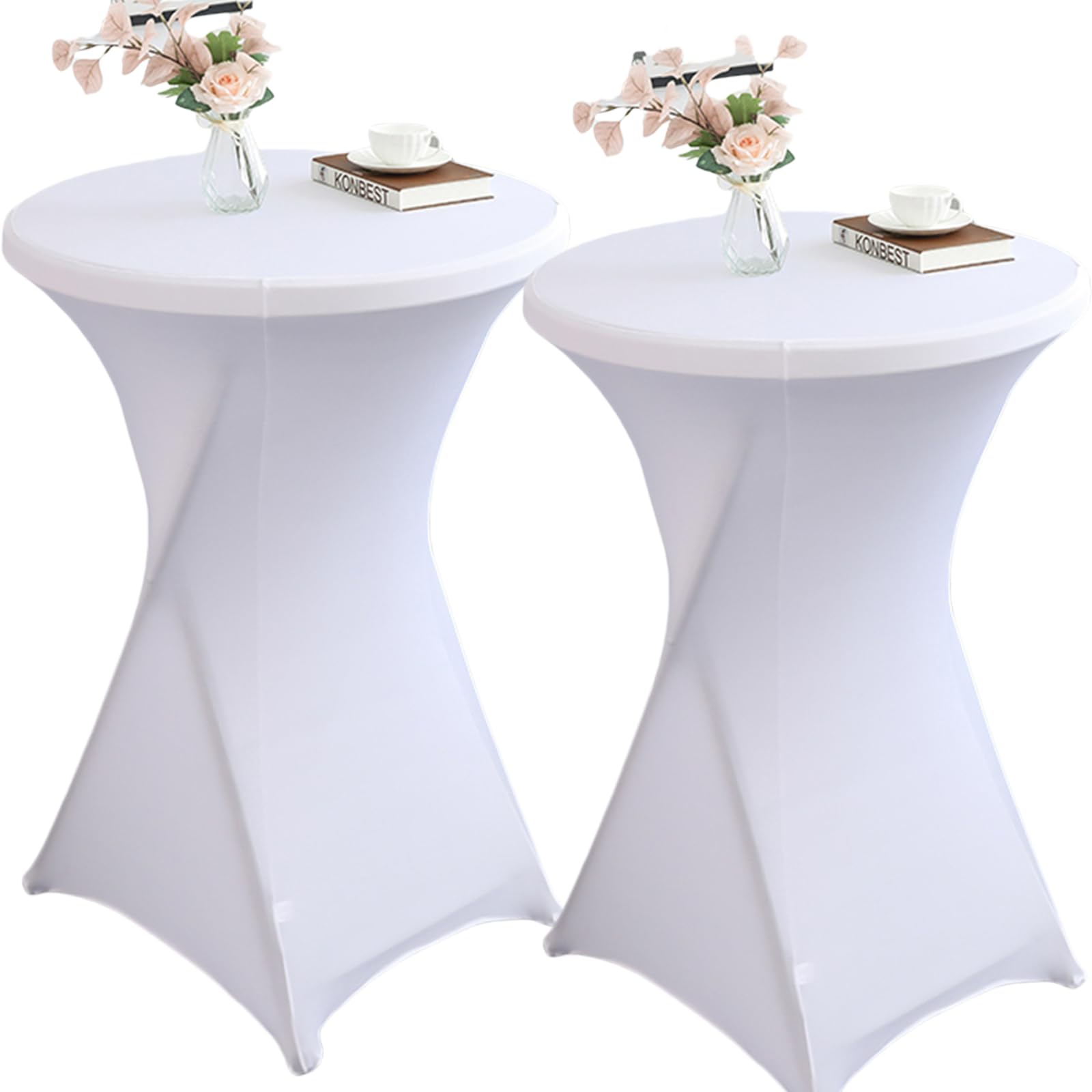 Qubjus 2 Pack Stretch Spandex Round Cocktail Tablecloth 32" x 43" – Elastic Fitted Table Cover for Weddings, Banquets, Parties, Restaurants – White