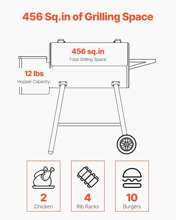 VEVOR Wood Pellet Grill Smoker, 8 in 1 BBQ Grills for Outdoor Cooking, 456 Square Inches Cook Area Electric Grill and Smoker, with Digital Controller, Meat Probe, 500F Max Temperature, Black