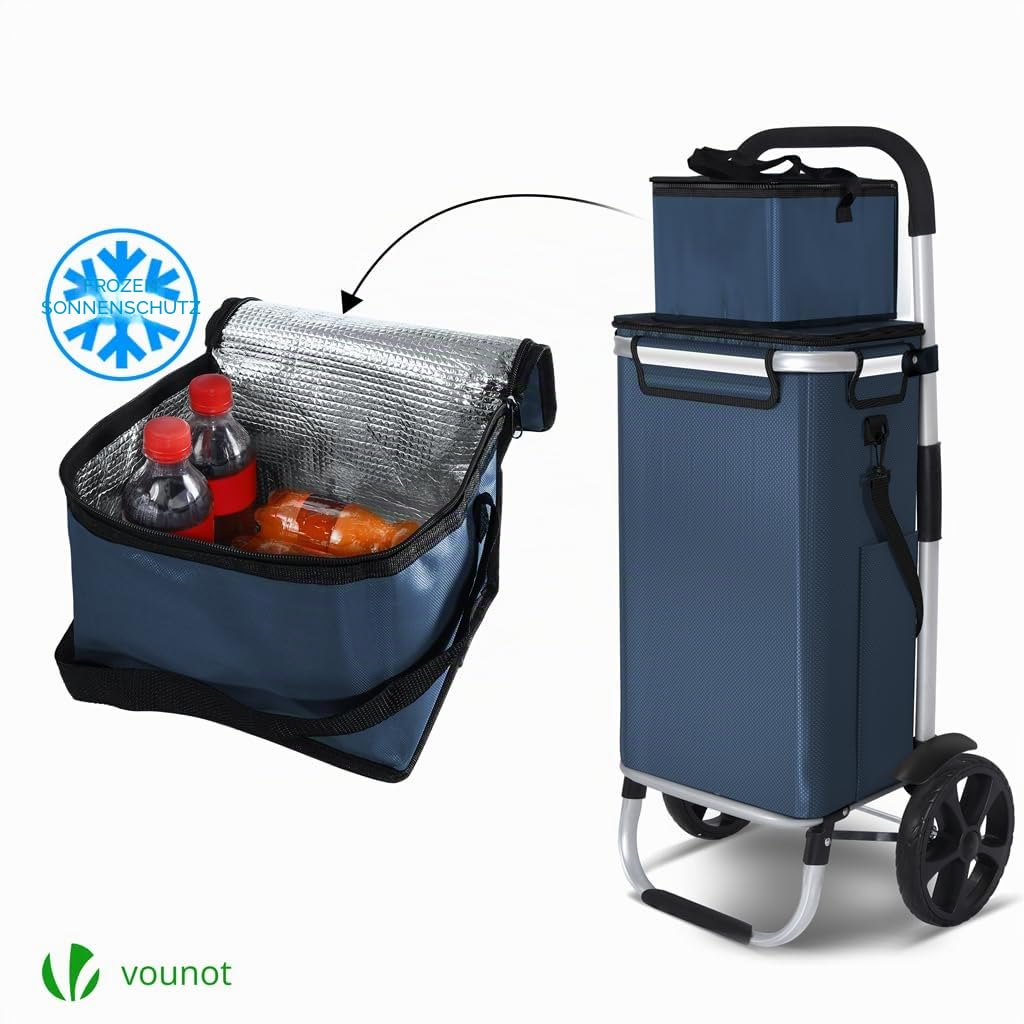 VOUNOT® Einkaufstrolley Klappbar aus Aluminium mit 58L Wasserdichter Tasche und Kühlfach, 2 Extra große Räder mit Schutzblech, Faltbarer Einkaufswagen, Treppensteiger Trolley, Marineblau