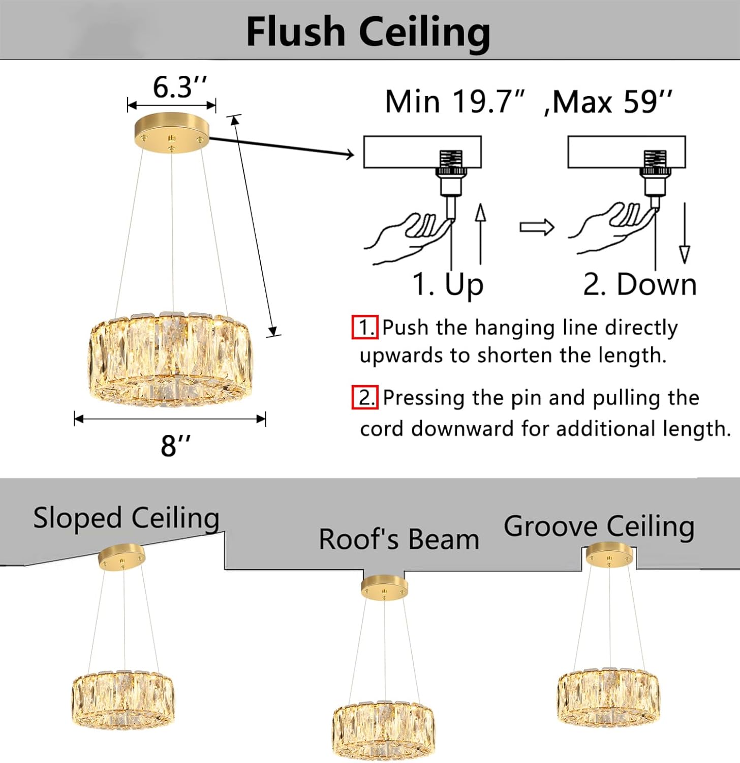 Modern Crystal Chandelier Dimmable LED 8 Inch Ring Pendant Lights Adjustable Glam Chandeliers Lighting Fixtures for Dining Room Living Room Bedroom Gold Light