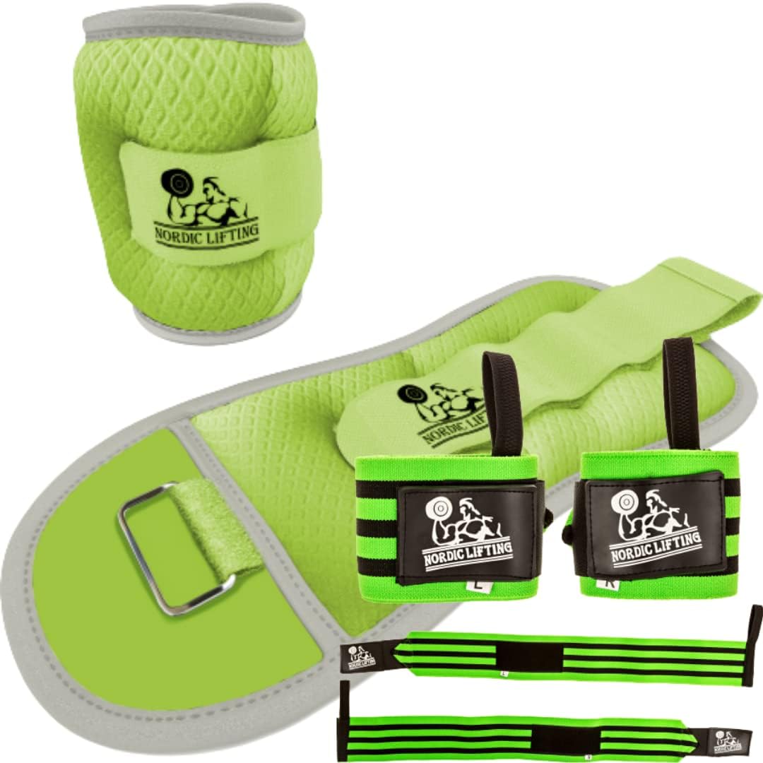 Ankle Wrist Weights Two 1 lbs - Green Bundle with Super Heavy Duty Wrist Wraps - Green