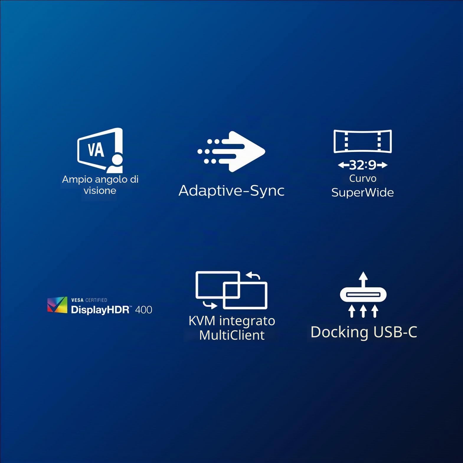 Philips Monitor Curvo 49", 499P9H, Gaming Superwide 32:9, risoluzione 5120 * 1440, Adaptive Sync, HDR 400, Multiview con KVM Switch integrato, Docking station USB-C, Microfono, Low Blue, Vesa, Nero