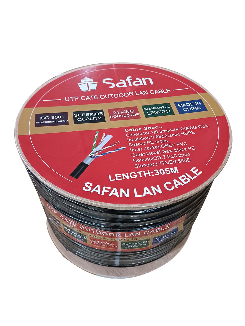 safan Outdoor UTP Cable Network For Ethernet. 305M Spool,Outdoor UTP CAT6: 8 * 0.50+/-0.005mm CCA 0.96+/-0.1mm HDPE Cross+nylon wire First jacket: PVC in grey Second Jacket:7.0+/-0.2mm PE in black
