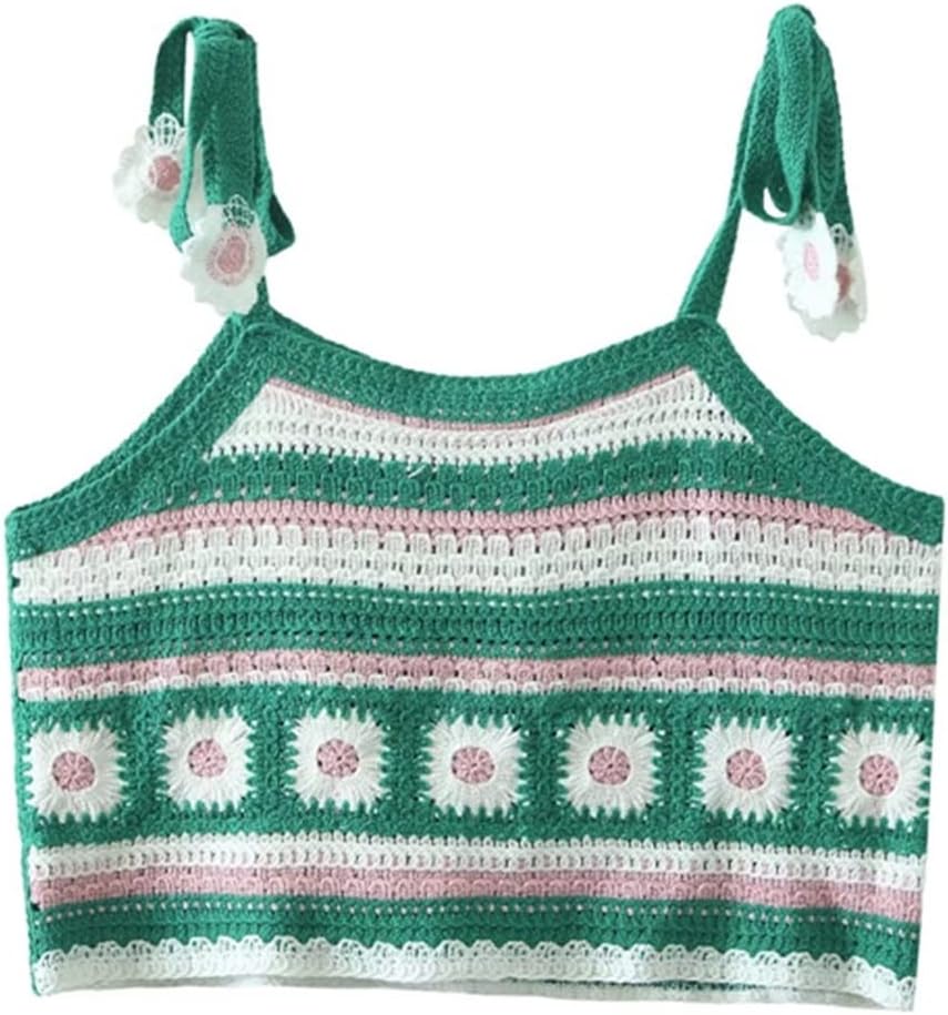 花レースアップ ニット ベスト女性の夏の甘いかぎ針編み三点サスペンダー ホリデー トップ (Color : Green, Size