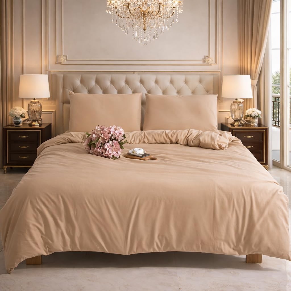 CHARKHAH Double Size Duvet Cover Set Mocha | Soft Microfibre Bedding Set with 2 Pillowcases | Reversible Quilt Cover with Zip Closure | Easy Care, Breathable | UK Size 200 x 200 cm
