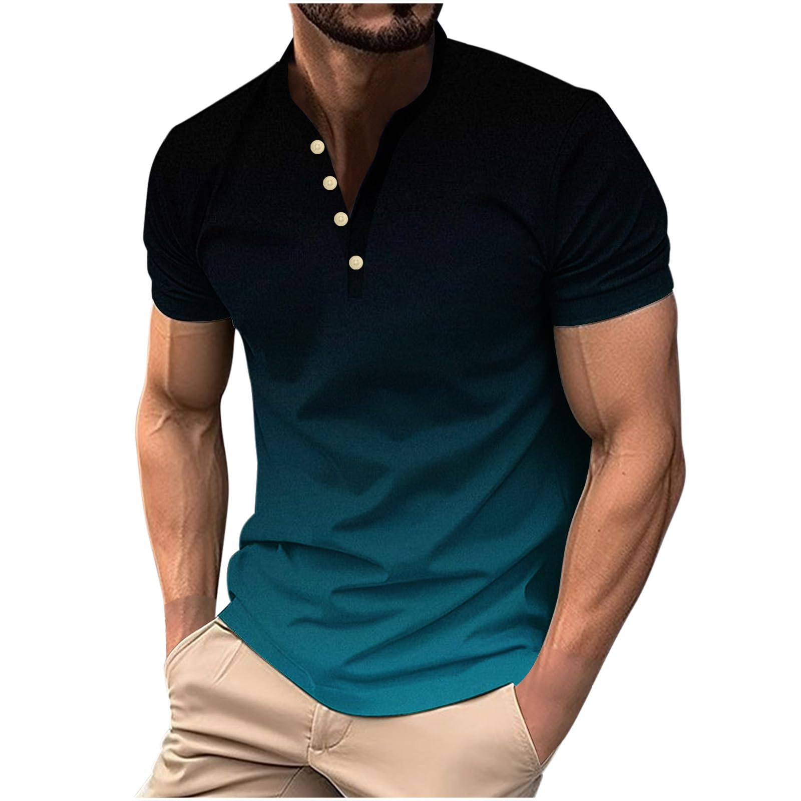NUSGEAR Camiseta de Manga Corta Hombre 2024 Polo Camisa Casual degradados Slim fit Cuello Redondo Botones Moda Original Deportivos Fitness Gym T-Shirt Camisa Slim Fit Fiesta Tops tee Talla Grande