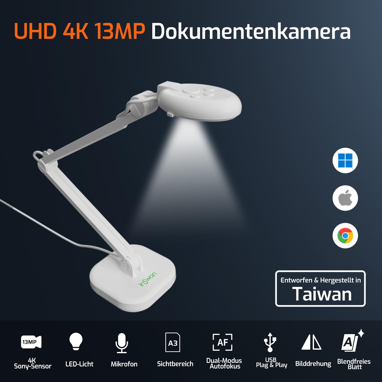 INSWAN INS-2 USB Dokumentenkamera, 13MP 4K mit Autofokus, A3 Aufnahmebereich, LED,Mikrofon, kompatibel mit macOS, Windows, iPad, Chromebook, perfekt für Unterricht, Kunstausstellungen, große Dokumente
