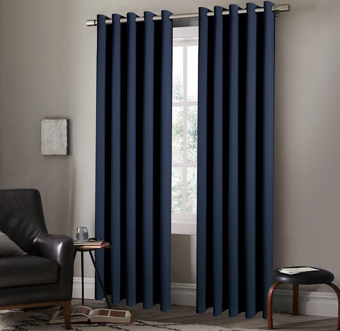 StylemyBedroom Pair of Eyelet Ring Top Thermal Blackout Curtains with Tie Backs – Plain, Insulated, Energy-Efficient, Light-Blocking, Noise-Reducing, Lined Design (Navy Blue,90" x 72" (229x183cm))