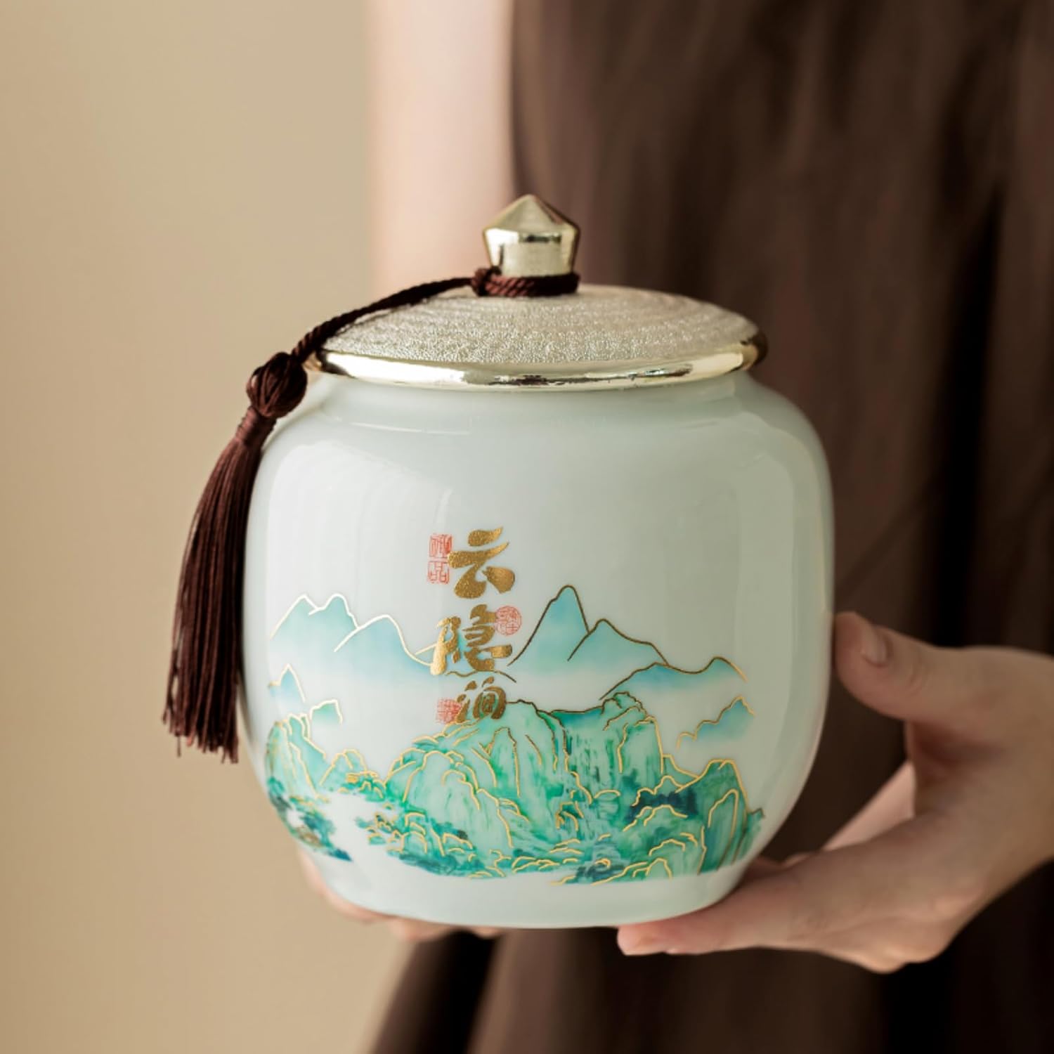 Ceramics Tea Caddy, 955ml 33.8oz, Hand-drawn Underglaze Color Tea Ceremony Accessories