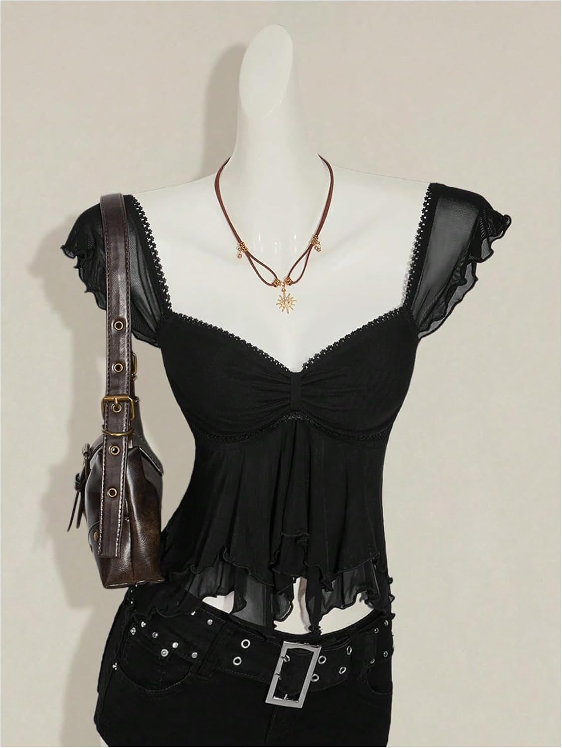 Women's Y2k Ruffle Tank Tops Ruched Sheer Mesh Sweetheart Neck Sleeveless Crop Tops Night Out Outfit - Image 4