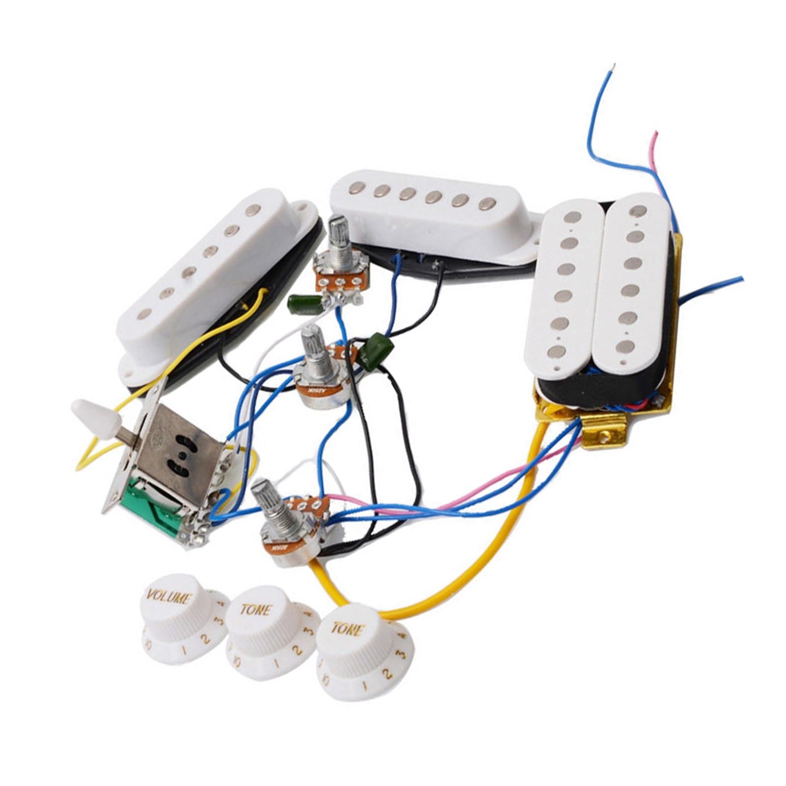 Pastilla de guitarra eléctrica Kit Completo De Cableado Para Pastilla De Guitarra Eléctrica Potenciómetros De 250K Salida De 6.35mm(White,SSH)