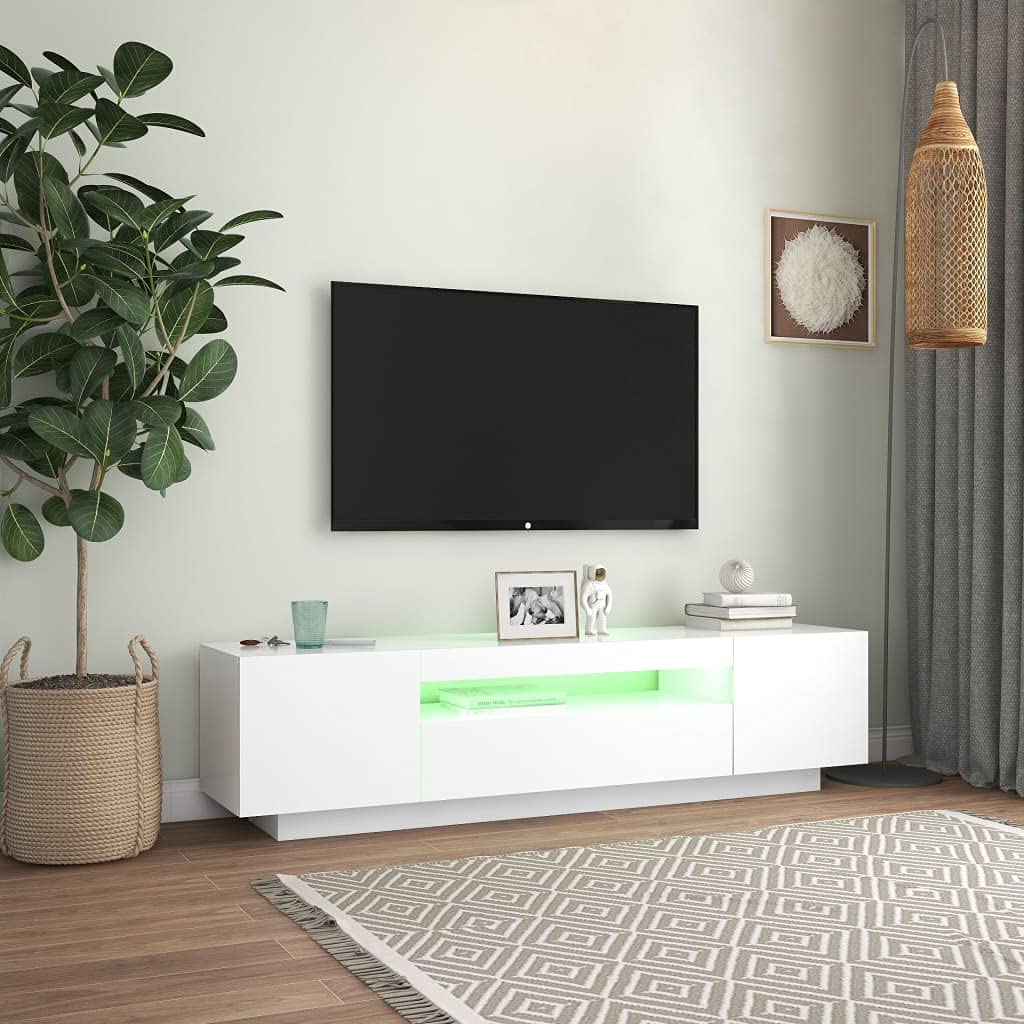 Moimhear Mobile TV, basso, mobili da soggiorno in bianco e legno, scomparti e porte in stile rustico naturale