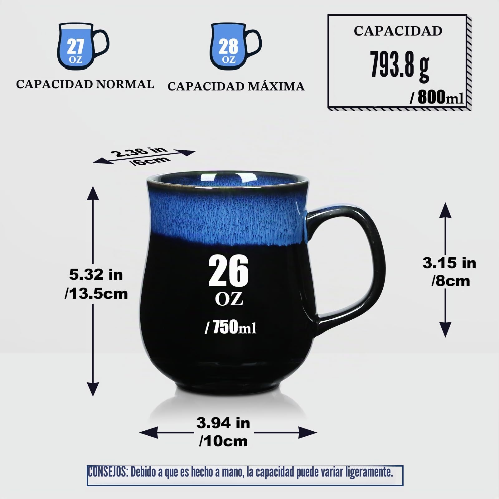 800ml Tazas de café de Cerámica Extra Grande (Azul Estrellado) | Hecho a mano, Esmalte texturizado elegante, Apto para microondas, Apto para lavavajillas, Ideal para hogar y oficina