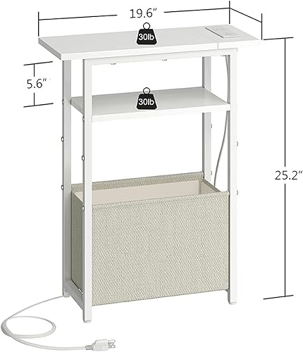 Miniatura 3 de Mesa auxiliar estrecha con estación de carga, mesa auxiliar pequeña para espacios pequeños, mesitas de noche delgadas con cesta de almacenamiento,