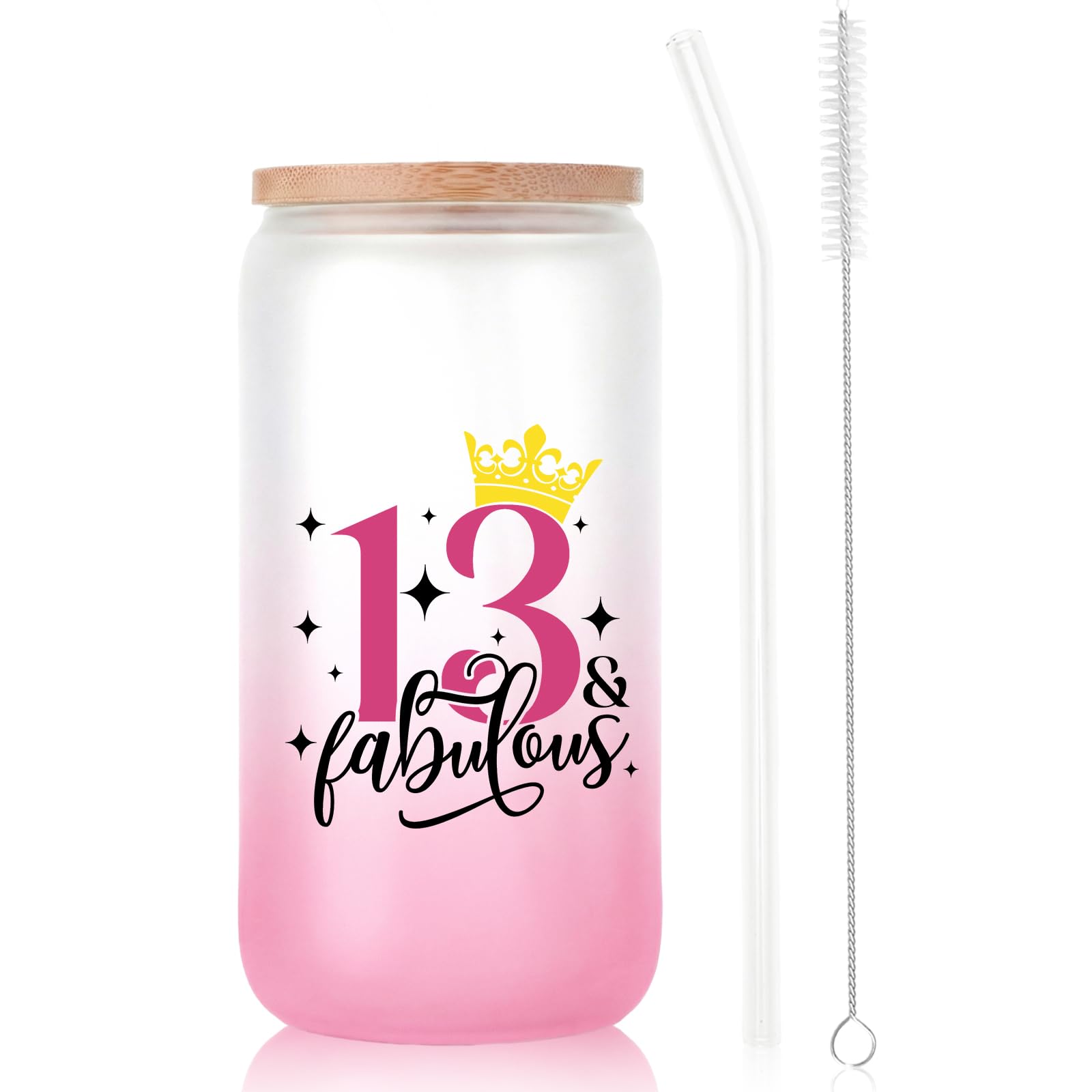 Bliceon 13th Birthday Gifts for Girls, 13th Birthday Iced Coffee Cup, 16oz Frosted Glass Cups with Lids and Straws for Daughter, Sister, Best Friend, Granddaughter, 13 Year Old Girl