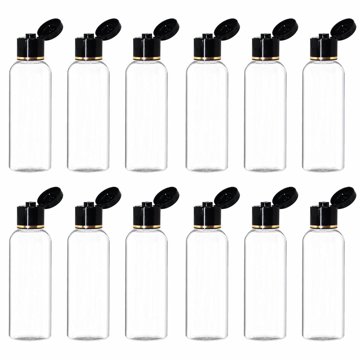 voir 100ml empty clear plastic bottles refillable travel size cosmetic containers small squeeze bottles with black flip cap for toiletries, shampoos, lotions, creams (12, 100 ml)