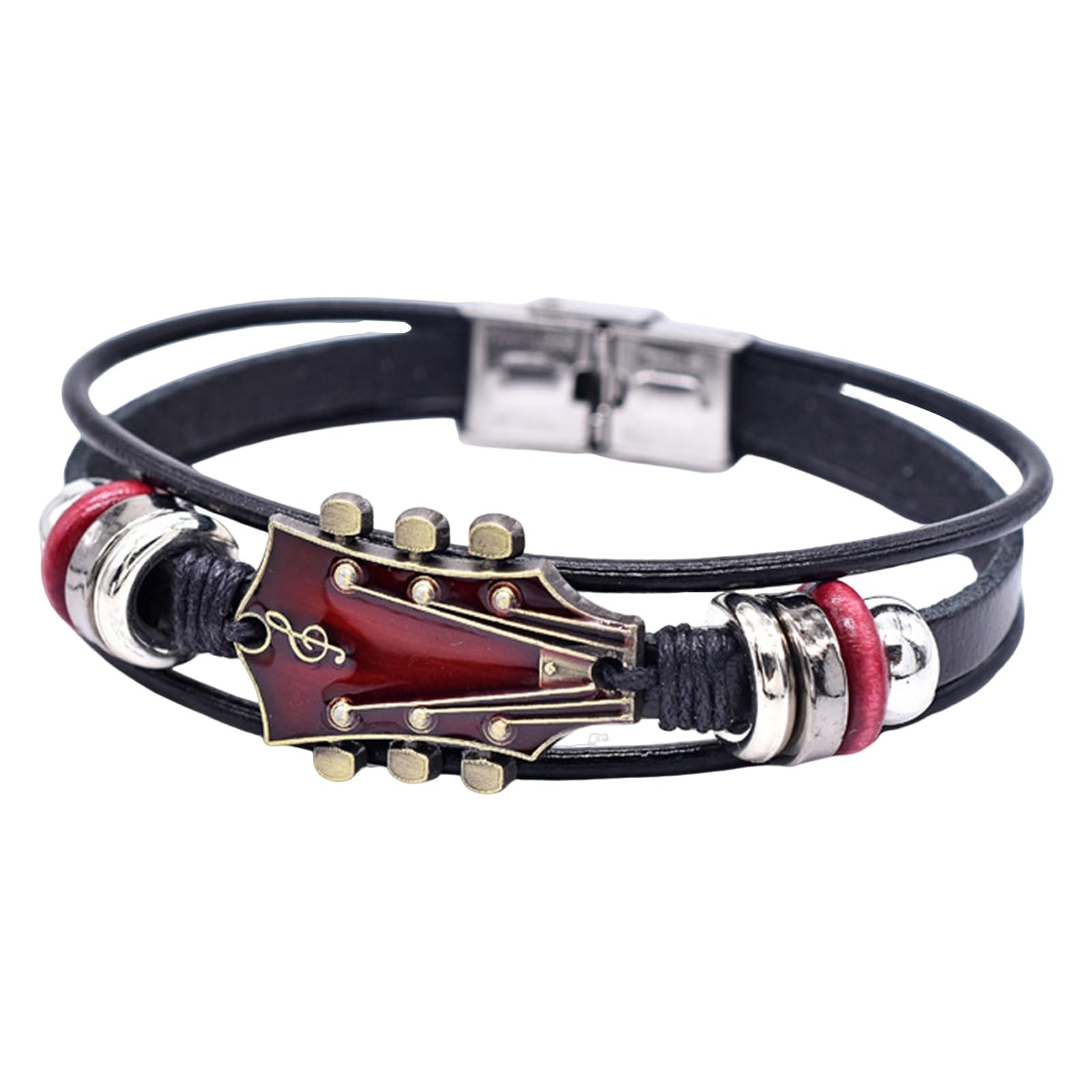 Luojuny Braided Guitar Bracelet Zinc Alloy Adjustable Buckle Manual Woven Faux Leather 3-layered Retro Punk Wrist Jewelry Red