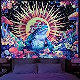 Amonercvita Blacklight Frog Tapestry Vintage Neon Mushroom Tapestries UV Reactive Sun Tapestry Galaxy Space Tapestries Wall Hanging Aesthetic Floral Jungle Plants Wall Backdrop for Bedroom Decor