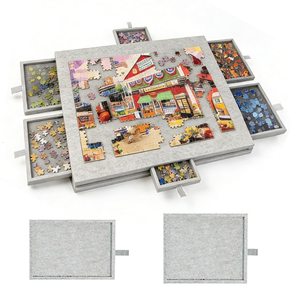 Przechylany stół do puzzli, przenośna deska do puzzli z 6 szufladami, lekka filcowa platforma puzzli, przenośny stół do gier, do 1000 elementów (srebrno-szary)