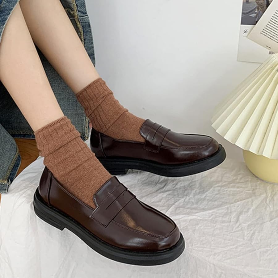 Amazon | [qkeusf] ローファー パンプス レディース シンプル 太ヒール ローヒール ラウンドトゥ コスプレ スリッポン シューズ 黒  軽量 おしゃれ かわいい 歩きやすい ブラウン カジュアル 22.5cm 学生ローファー 通学 学生靴 美脚 かわいい 定番 | ローファー・スリッポン