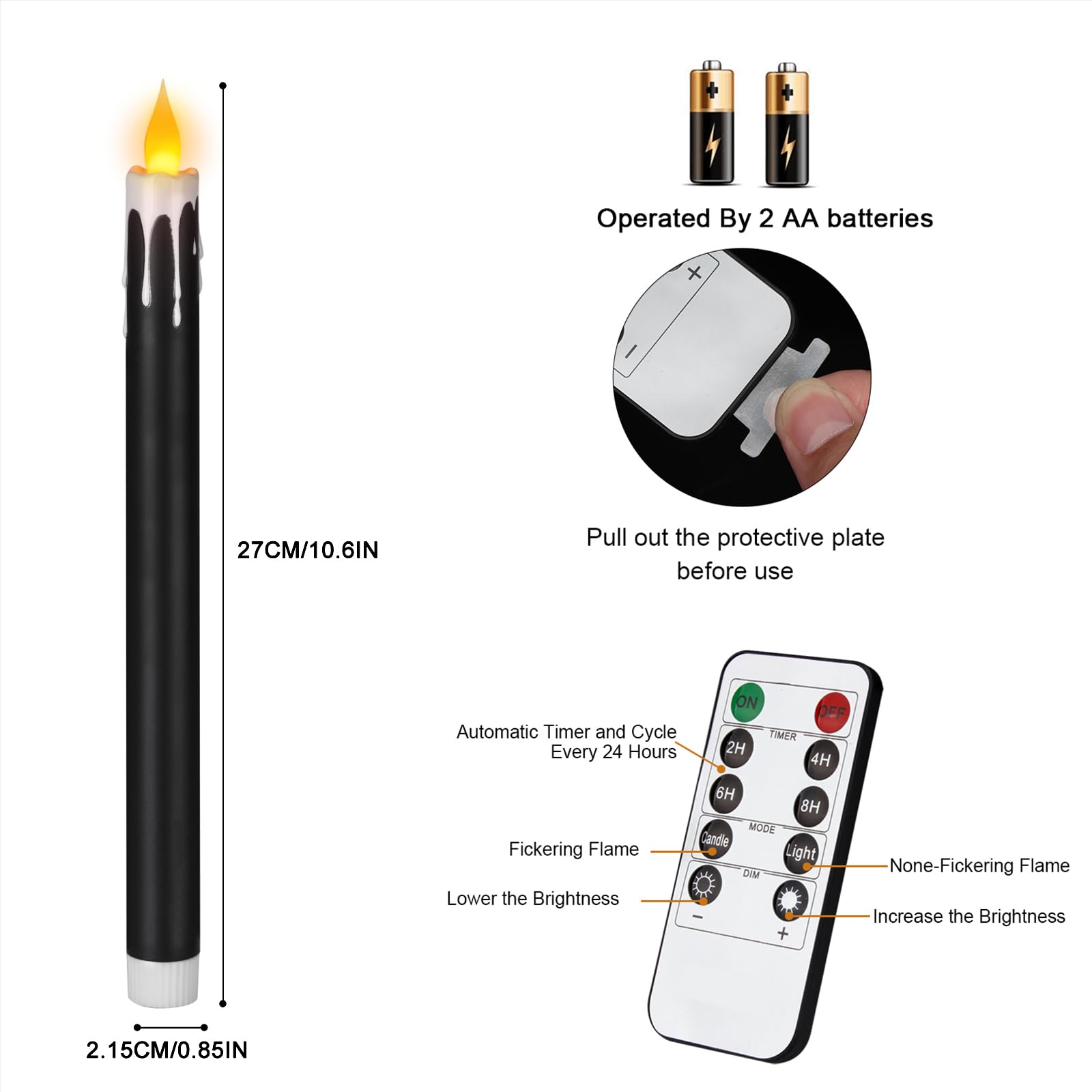 Wemarry - Candele coniche senza fiamma da 10,6 pollici, senza gocciolamento, alimentato a batteria, include timer remoto, oltre 400 ore per 2 batterie AA per Halloween, Natale, matrimonio (colore nero