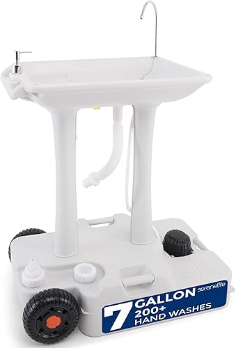 SereneLife Fregadero portátil para acampar con tanque de agua integrado de 30 L (7 galones), ruedas grandes, bomba de pie manos libres, lavabo