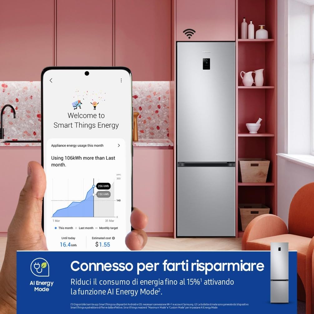 Samsung EcoFlex AI RB38C672CSA/EF Frigorifero Combinato, WiFi, SpaceMax, Total No Frost, All Around Cooling, Motore Digital Inverter Garantito 20 Anni, 390 L, LxAxP: 59,5 x 203 x 65,8 cm, Silver Inox