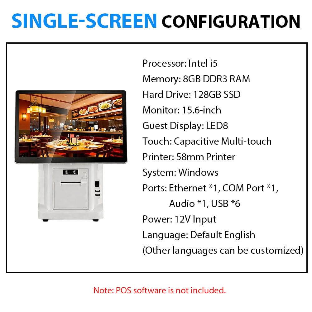 Sistema POS Per Vendita Al Dettaglio E Ristoranti, Terminale POS All-In-One, Registratore Di Cassa Professionale Per Piccole Imprese, Touchscreen Da 15,6 Pollici,Single screen