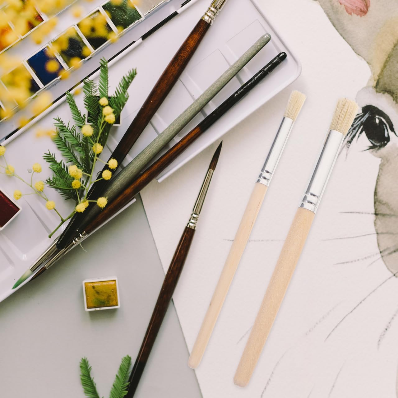 HEALLILY Professional Paint Brush Set 6 Pcs Round Pointed Tip Nylon Hair with Wooden Handles for Acrylic Watercolor Oil Painting Artist Tools with Zipper Case