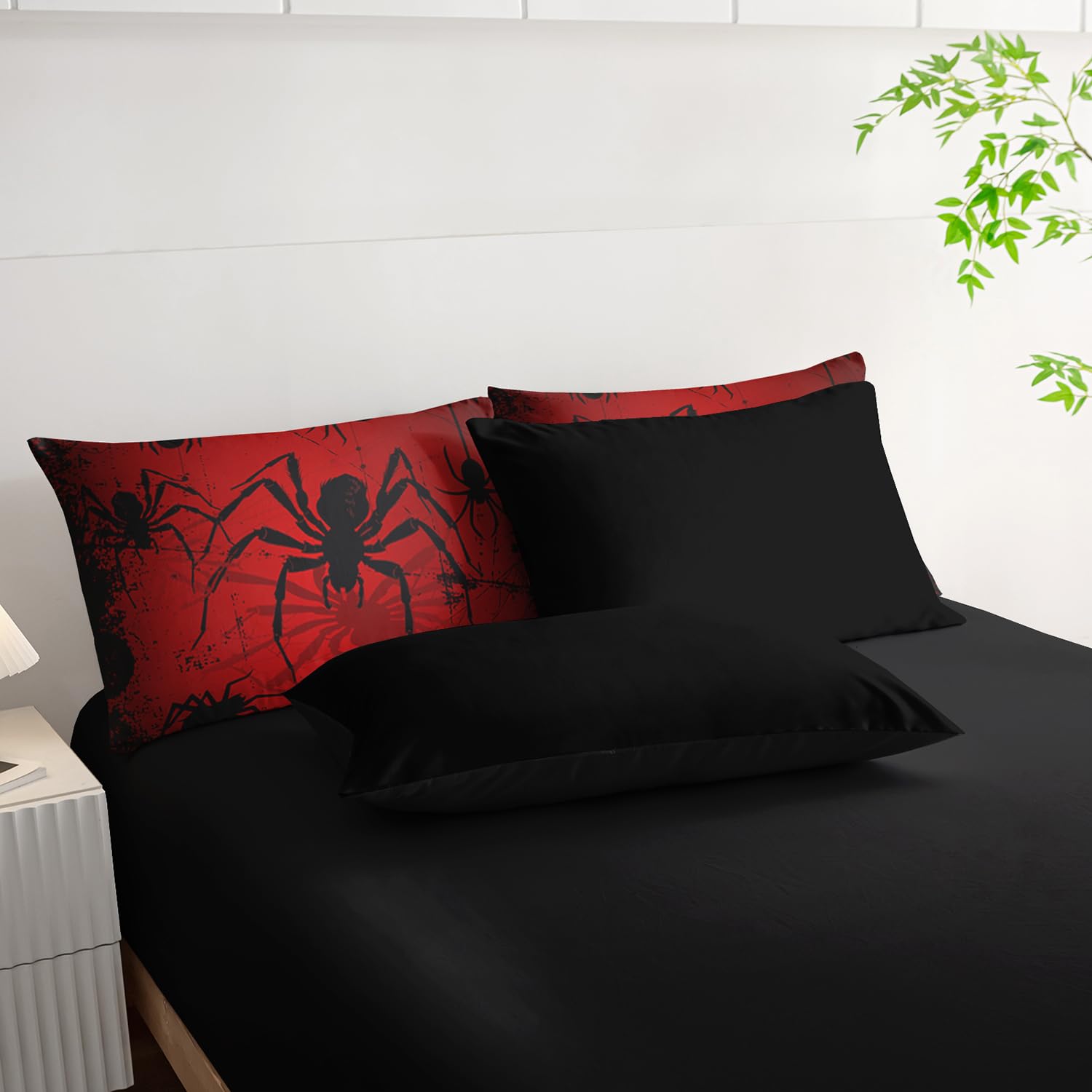 Nttopship Queen Size Spider Print Comforter Set - 3 Piece Bed In A Bag, Black & Red Kids Bedding