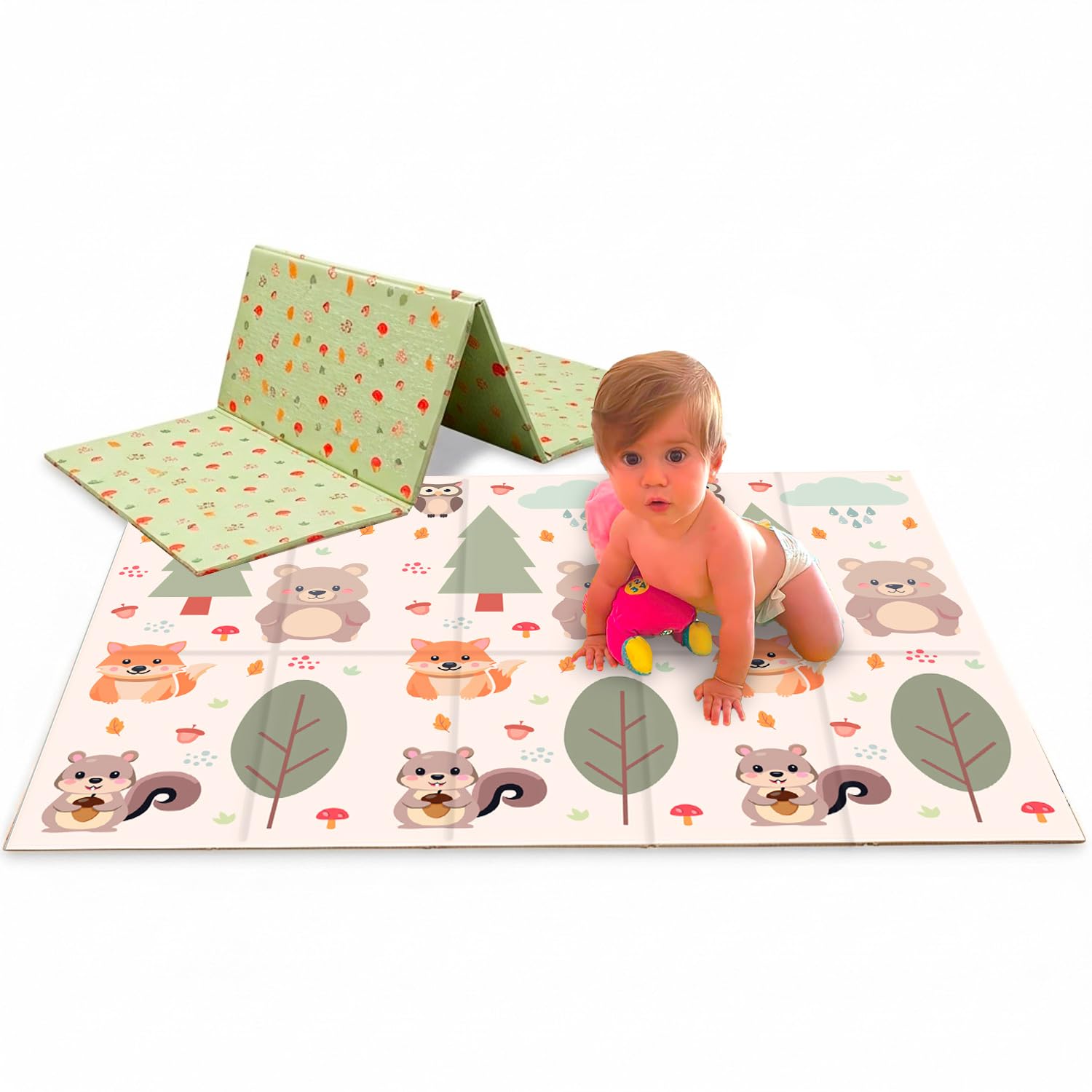 Tappetino Gioco per Bambini Pieghevole, 200x150 cm, Spessore 10mm, Motivo Bosco con Animali, Verde