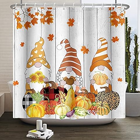 Autumn Harvest Halloween Thanksgiving Day Shower Curtain Set with 12 Hooks, Plaid Pumpkins with Falling Maple Leaves on Rustic Wooden Plank Bathroom Curtain 71"x71" Cover