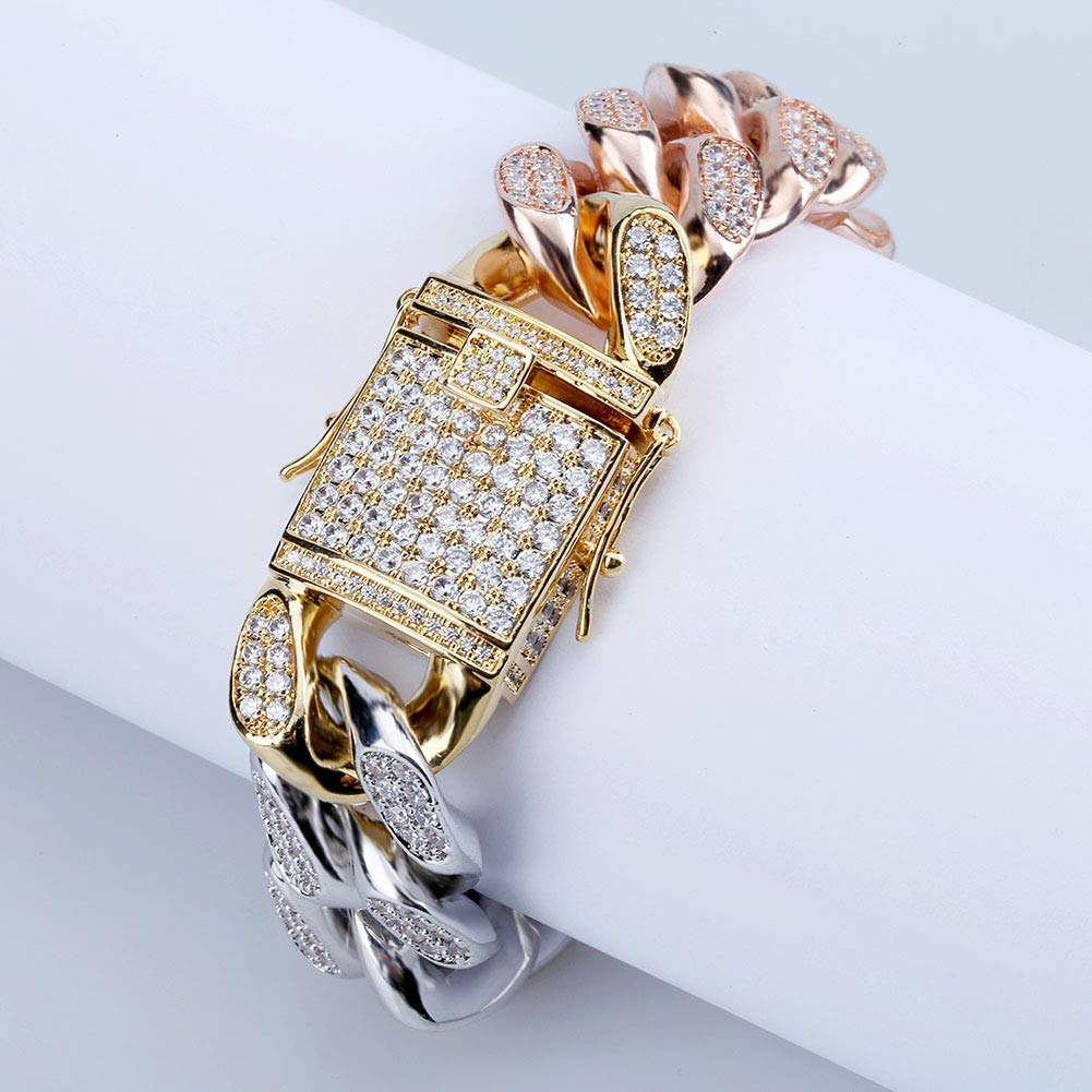 Pulsera cubana de oro tricolor para hombre y mujer con cierre largo de moda hip-hop 8