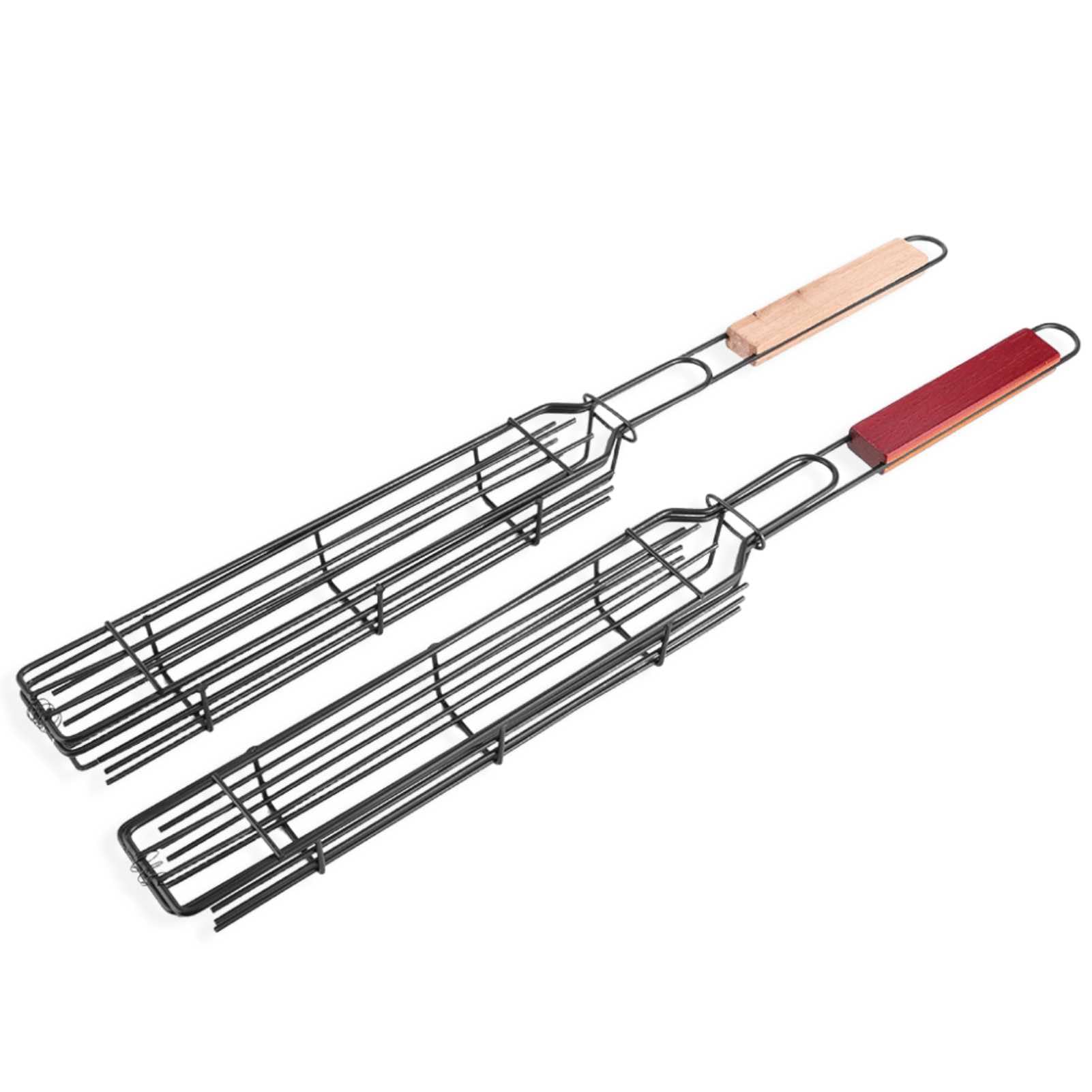 2 pièces paniers grille pour barbecue, grille de barbecue avec poignée en bois pour kebab, saucisse, légumes, poissons, crevettes, 49 x 4,7cm