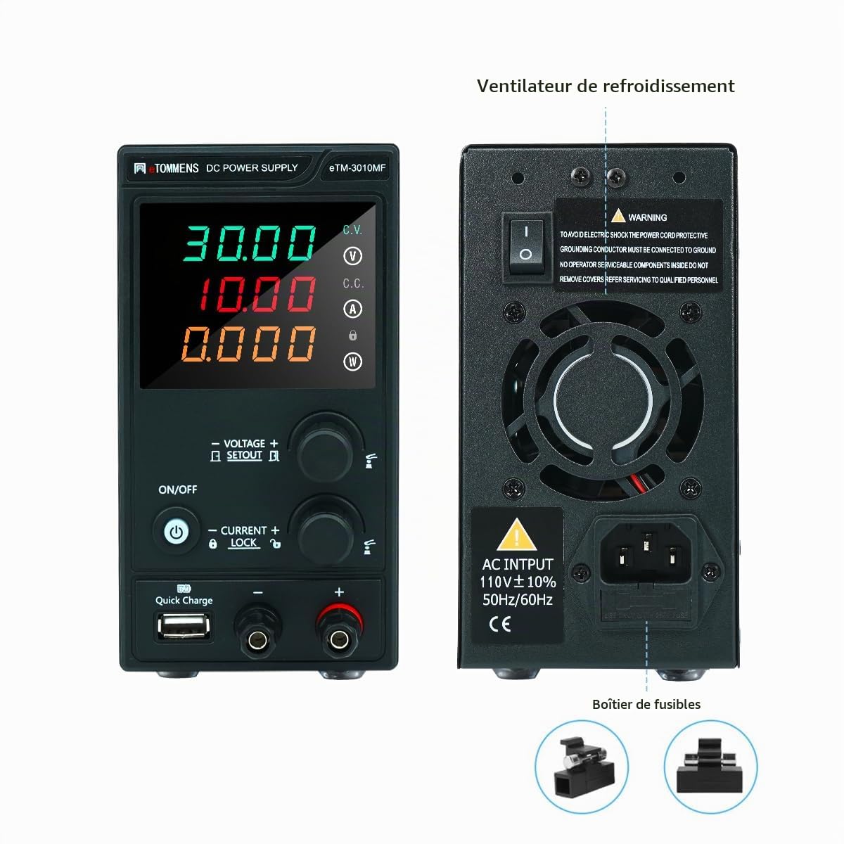 Alimentation DC Variable Réglable, 0-30V 0-10A, Alimentation de Laboratoire Régulée à Commutation, Affichage LED Haute Précision 4 Digits, Port USB 5V/2A, Réglage Fin et Grossier