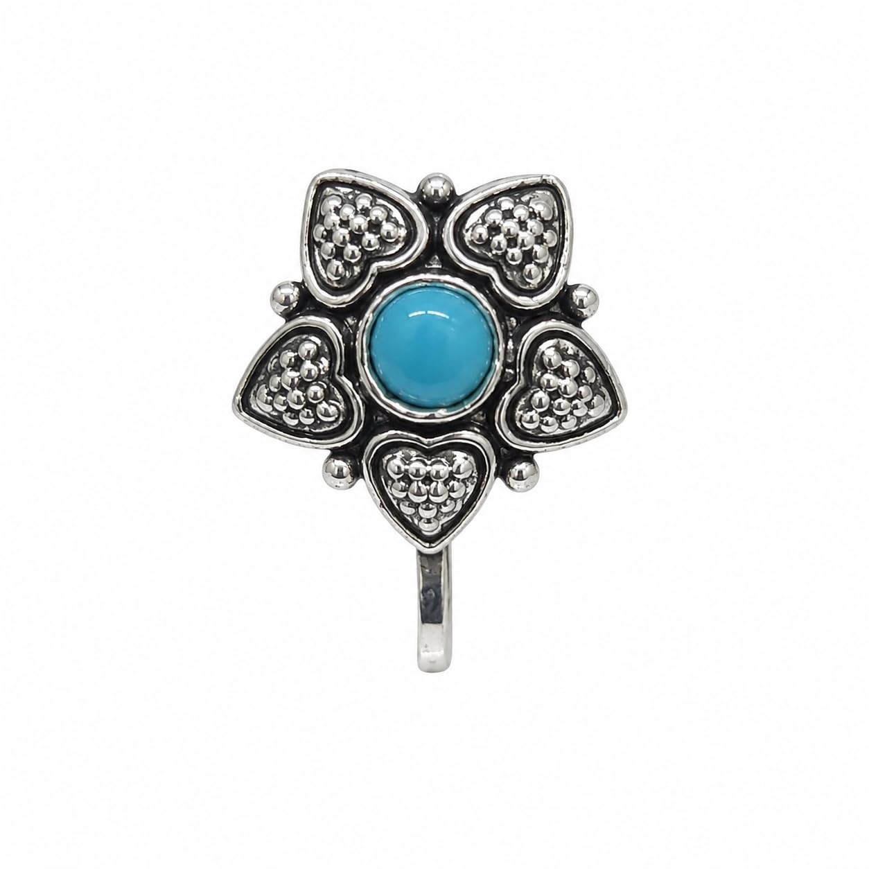 Jewellery Delicate Oxidised silver finishing Sky blue Stone stud Sunflower Design Nose Pin | Ring | Without Piercing | Adjustable | Nose Ring | Nathiya|Nathani | For Festival |Navratri For womens & Girls.-image-16