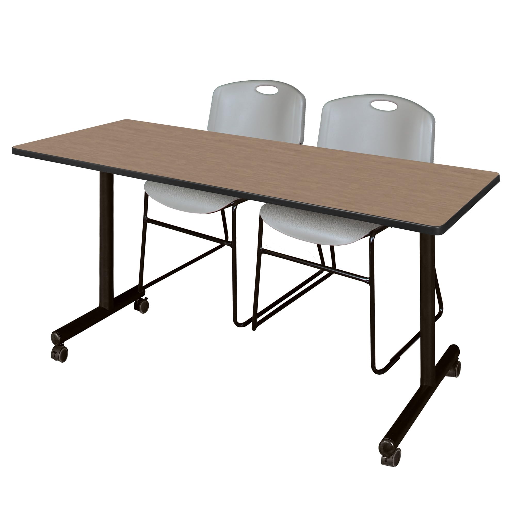 Regency Kobe 60 x 24 in. Mobile T-Base Training Table- Noble Oak, 2 Zeng Stack Chairs- Grey