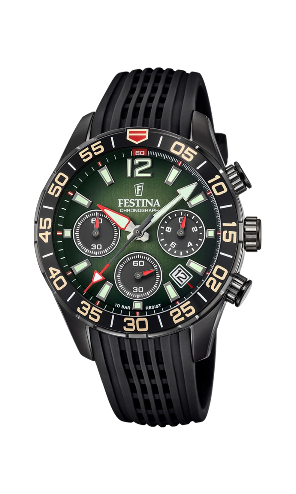 FestinaReloj Modelo F20518/2 de la colección Chrono Sport, Caja de 43,7 mm Verde con Correa de Caucho Negro para Caballero