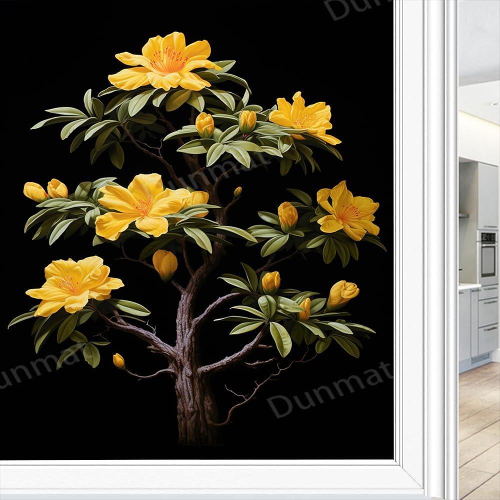 Farmhouse Flower Plants Window Privacy Film Yellow Flowers Green Leaves Stained Glass Window Film Decorative Frosted Windows Sticker for Home Window&Glass Door, Sun Blocking 35.4Wx55.1L inch